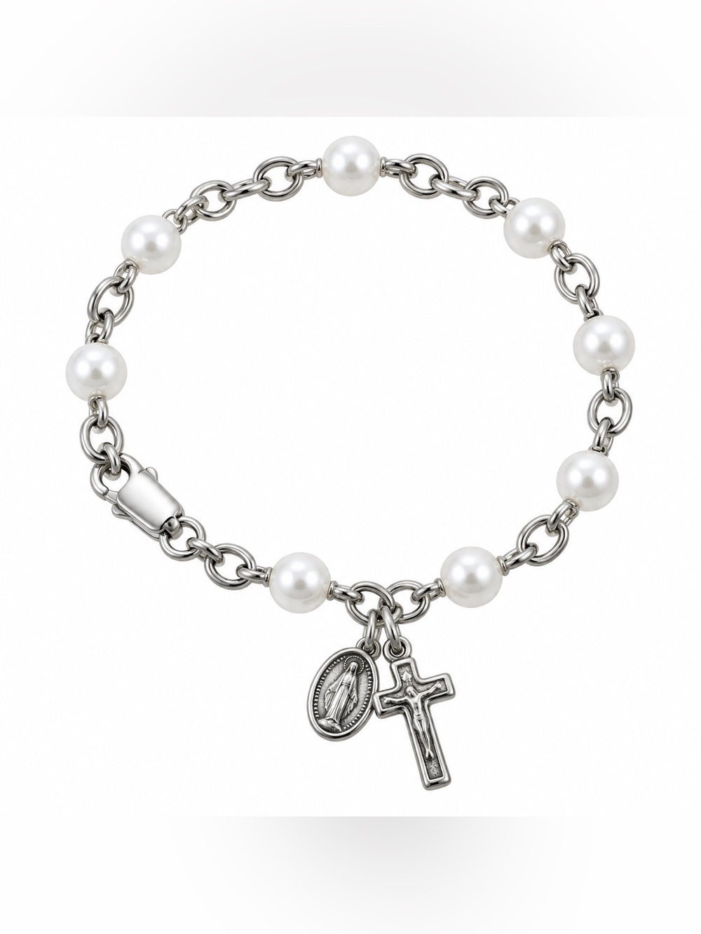 Rhodium Plated Faux Pearl Crucifix Cross Religious Medal Bracelet Baby Jewelry